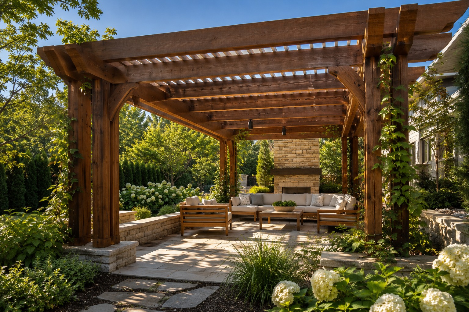 Ahşap pergola ve şömineli oturma alanı