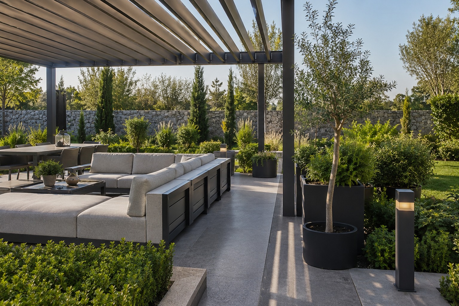Pergola altında oturma grubu ve saksılar