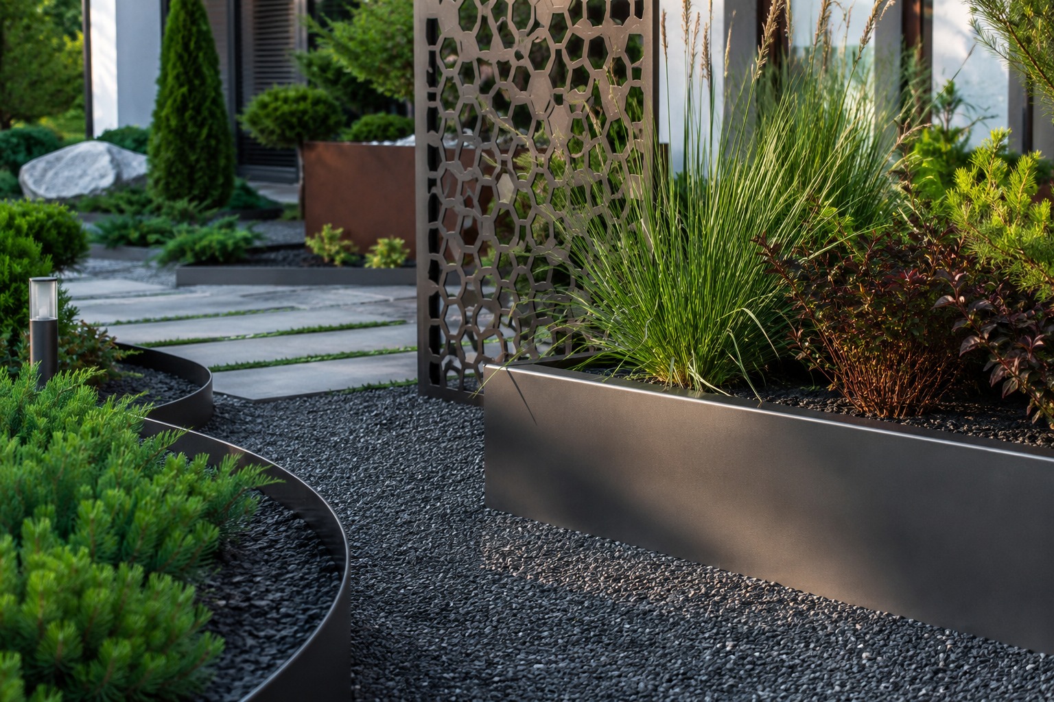 Corten saksı ve metal panel detayı